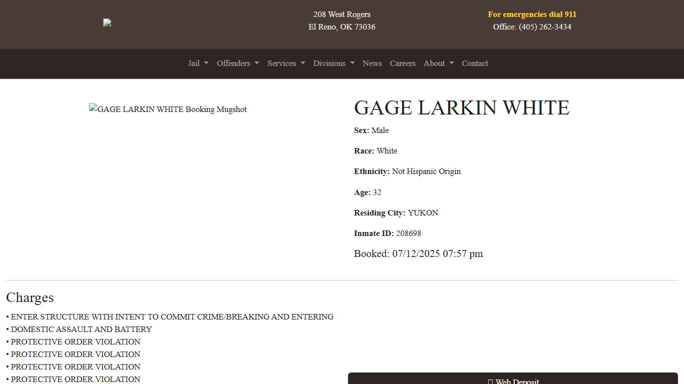 GAGE WHITE Booked at the Canadian County Jail